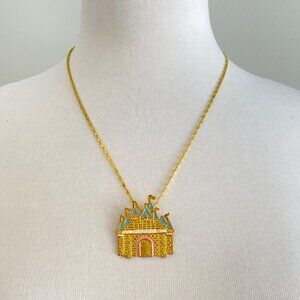 Y2K Gold Tone Princess Castle Pendant Necklace With Blue & Pink Enamel Design